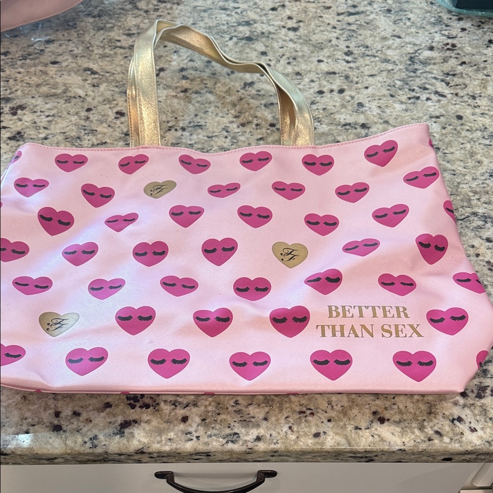 Too Faced Pink Heart Print Tote with Gold Handles